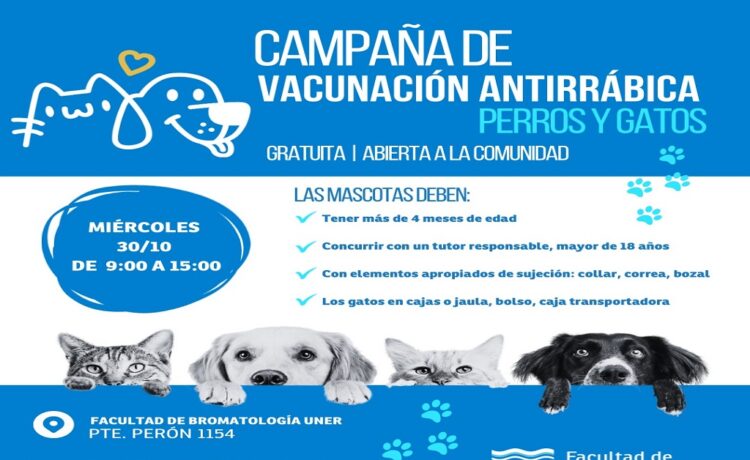 Se realizará una nueva Campaña Gratuita de Vacunación Antirrábica para Perros y Gatos en la Facultad de Bromatología UNER