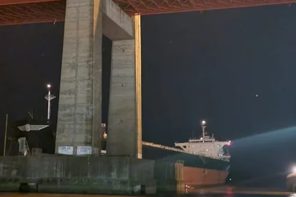 Un barco de gran magnitud sufrió la rotura del timón y chocó contra el puente Zárate-Brazo Largo